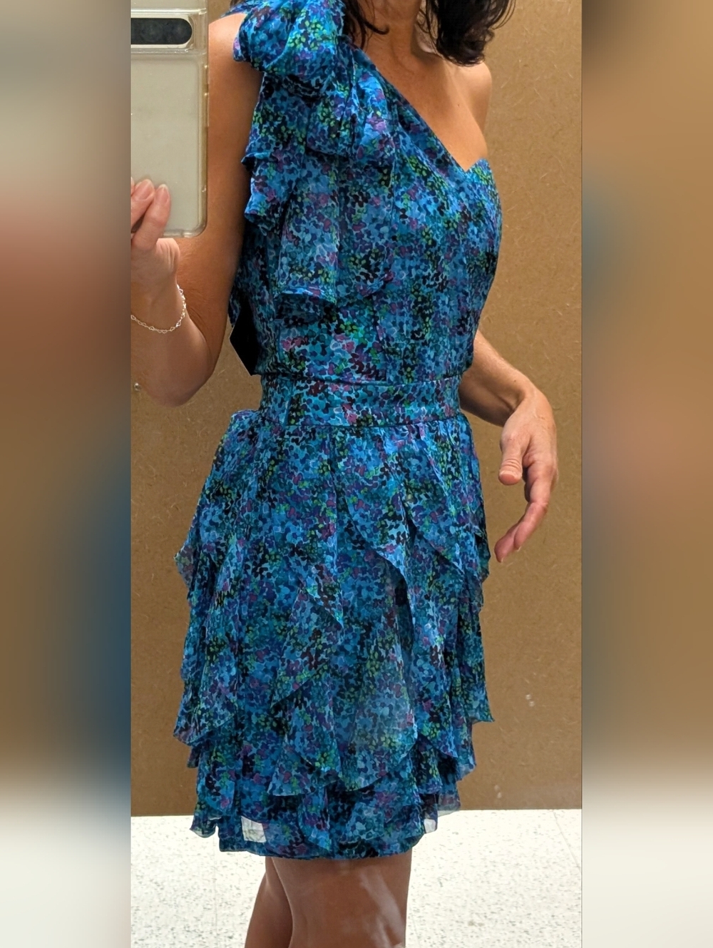 French Connection Blue and Aqua One-Shoulder Ruffle Mini Dress